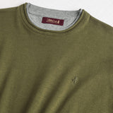 100% Cotton Crew Neck Shirt with Jersey Details - Dark Olive