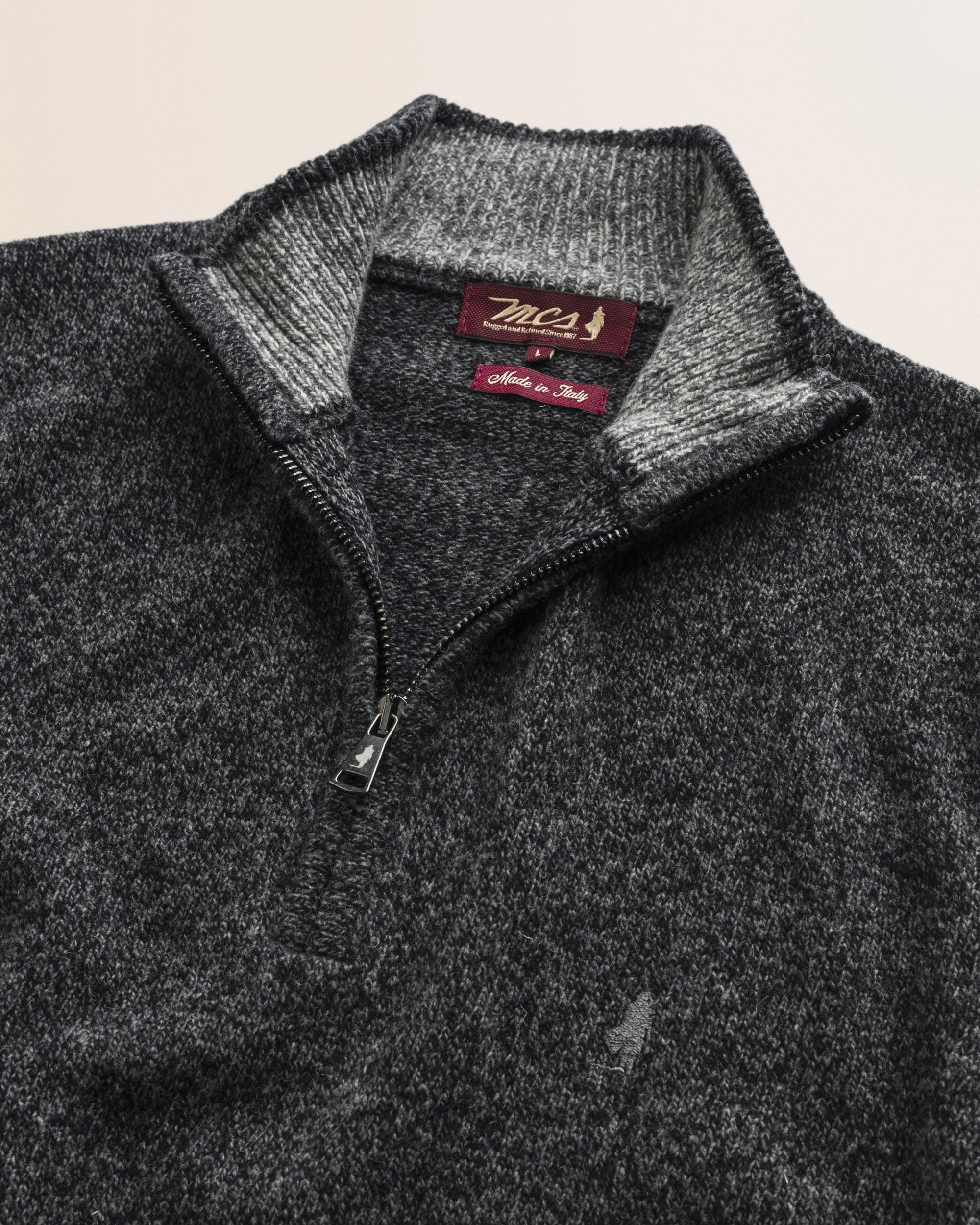 Maglione Mezza Zip in Lambswool Mouliné  dettaglio - Charcol