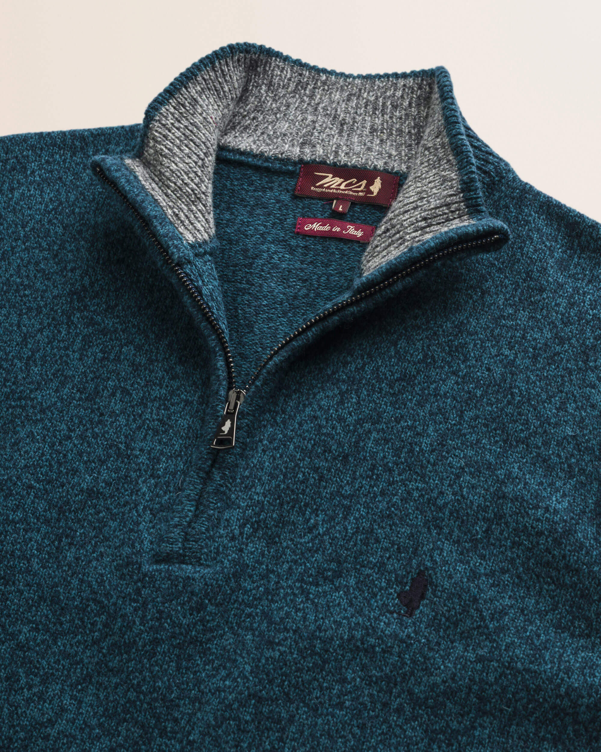 Maglione Mezza Zip in Lambswool Mouliné  dettaglio - Atlantic Deep