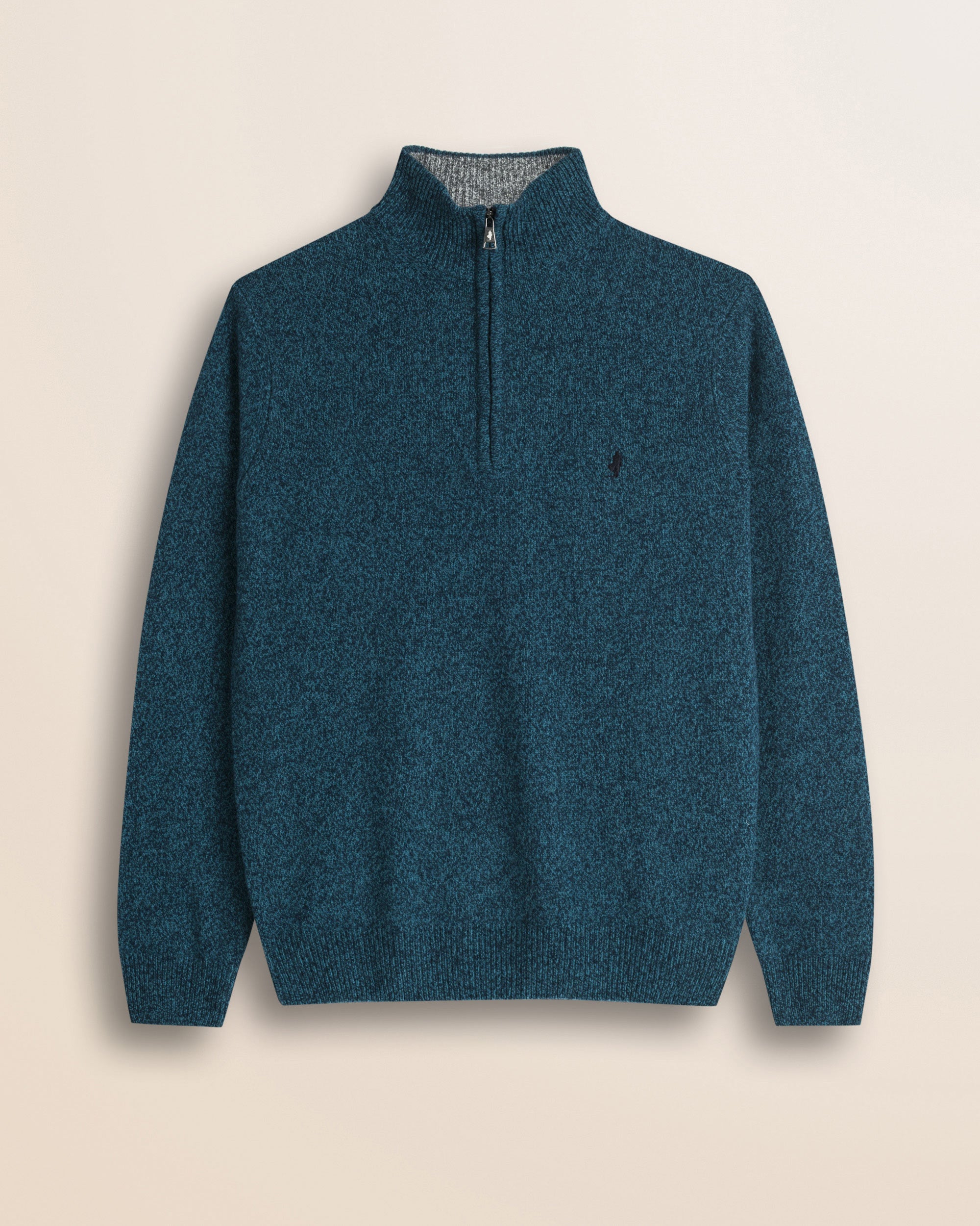 Maglione Mezza Zip in Lambswool Mouliné  fronte - Atlantic Deep