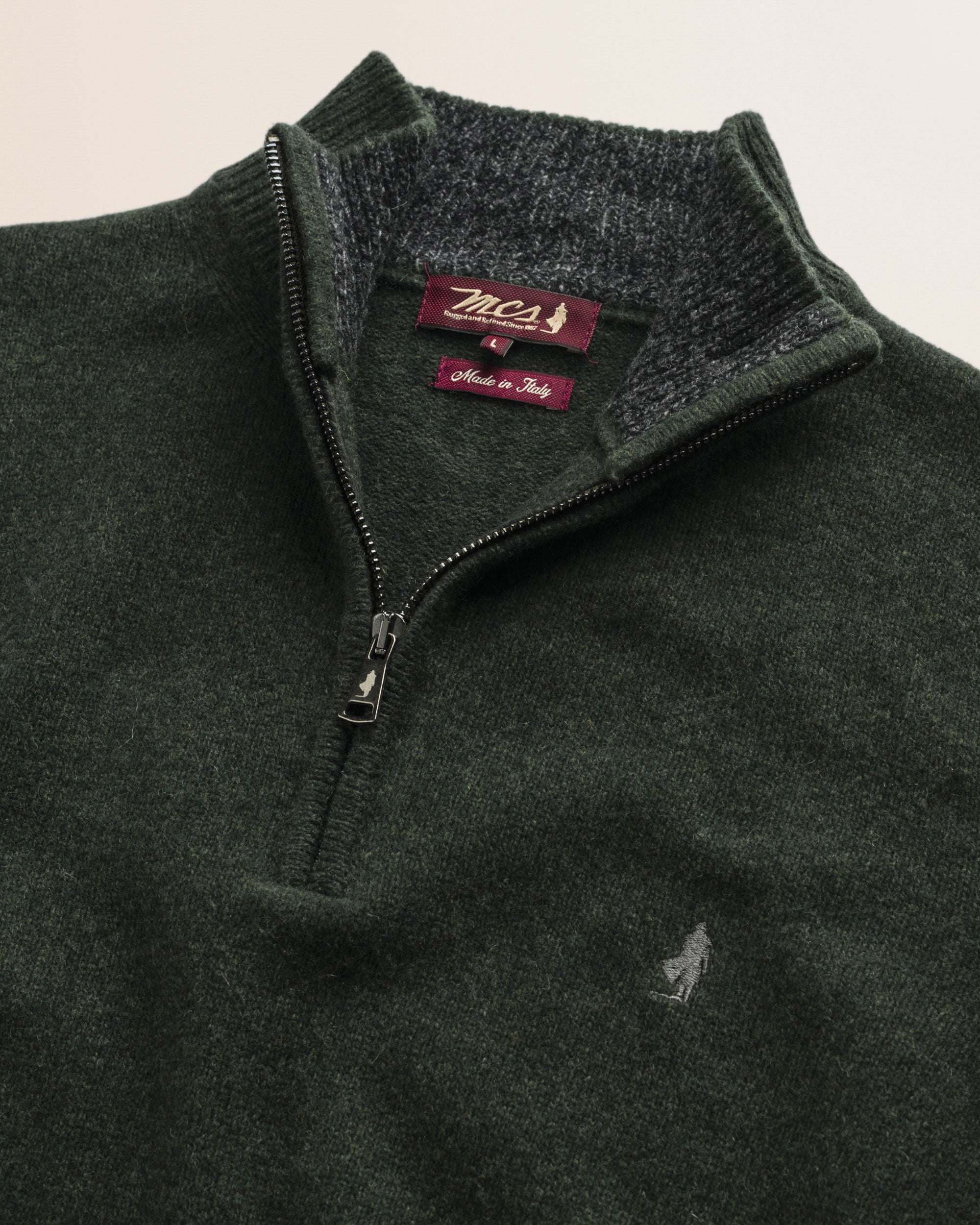 Maglione Mezza Zip in Lambswool Mouliné  dettaglio - Olive Night