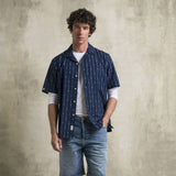 Cotton jacquard bowling shirt short-sleeve - Navy Print