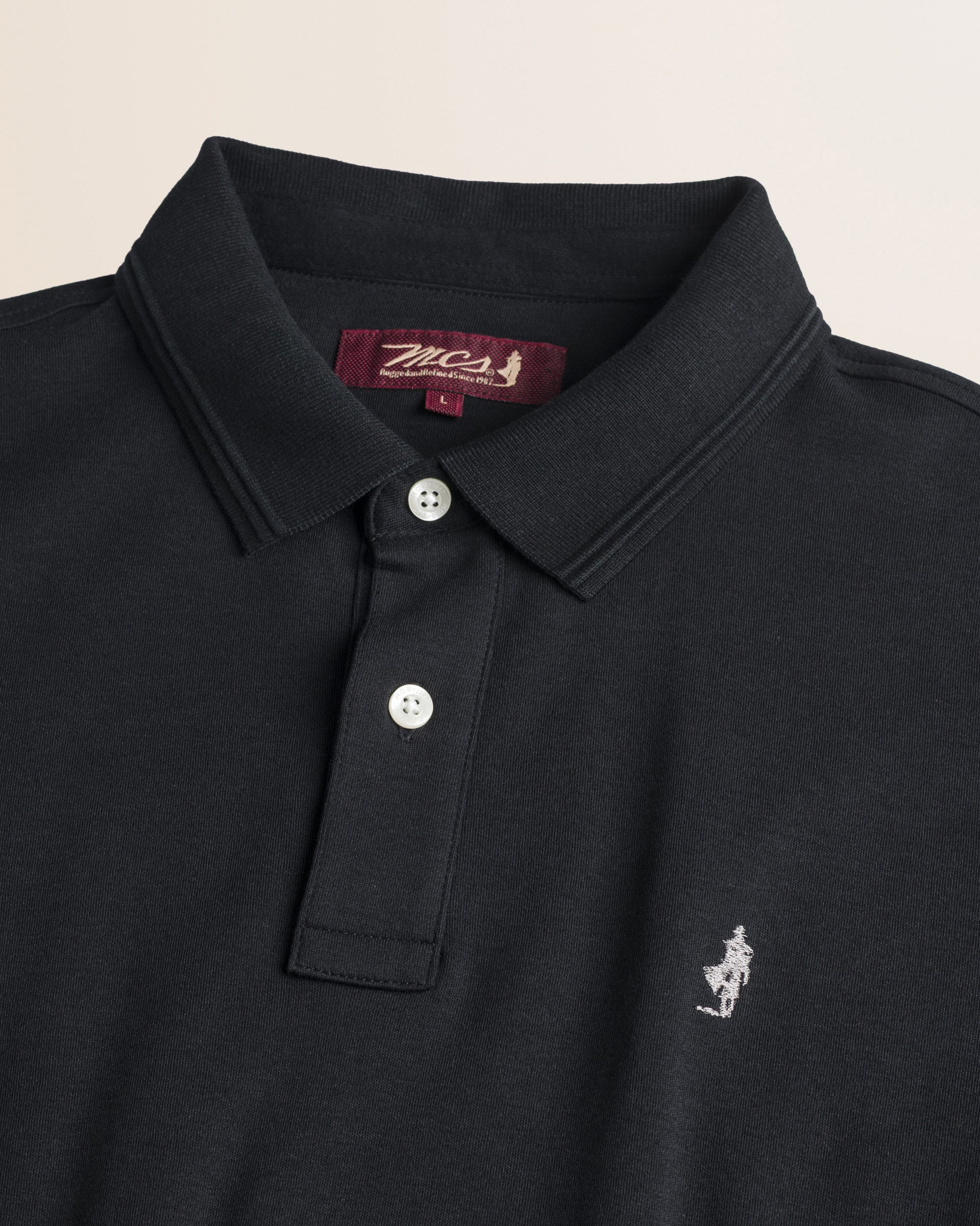 Polo Manica Lunga in Interlock di Cotone dettaglio colletto - Black