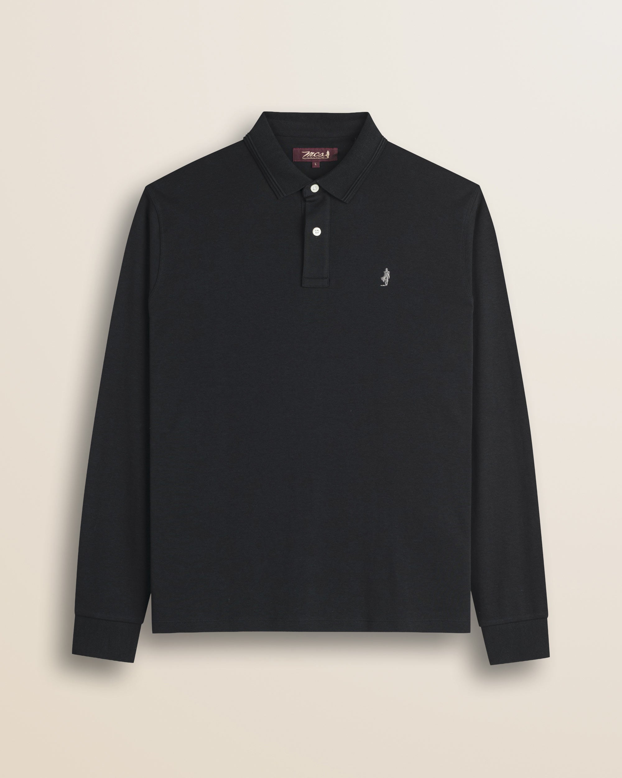 Polo Manica Lunga in Interlock di Cotone fronte - Black