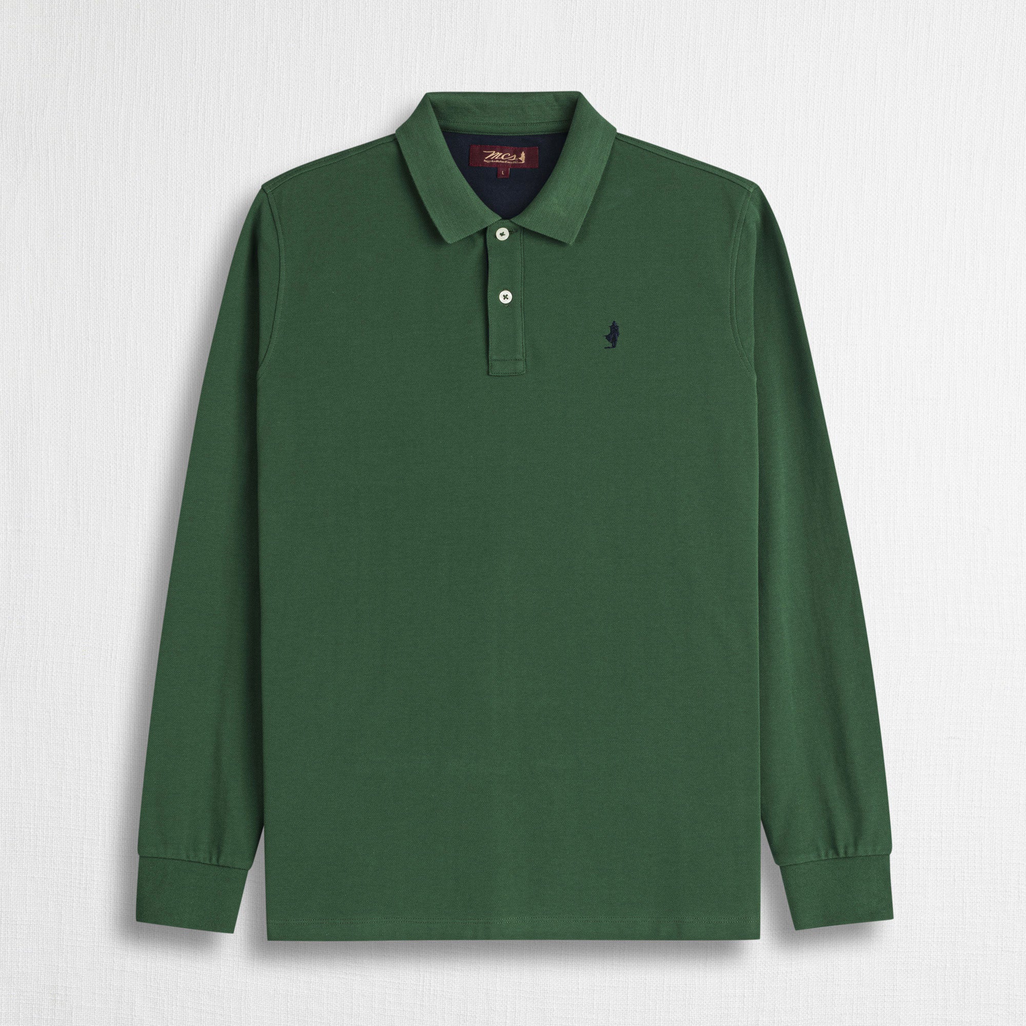 Polo Manica Lunga in Piquet con Dettagli a Contrasto - Dark Green