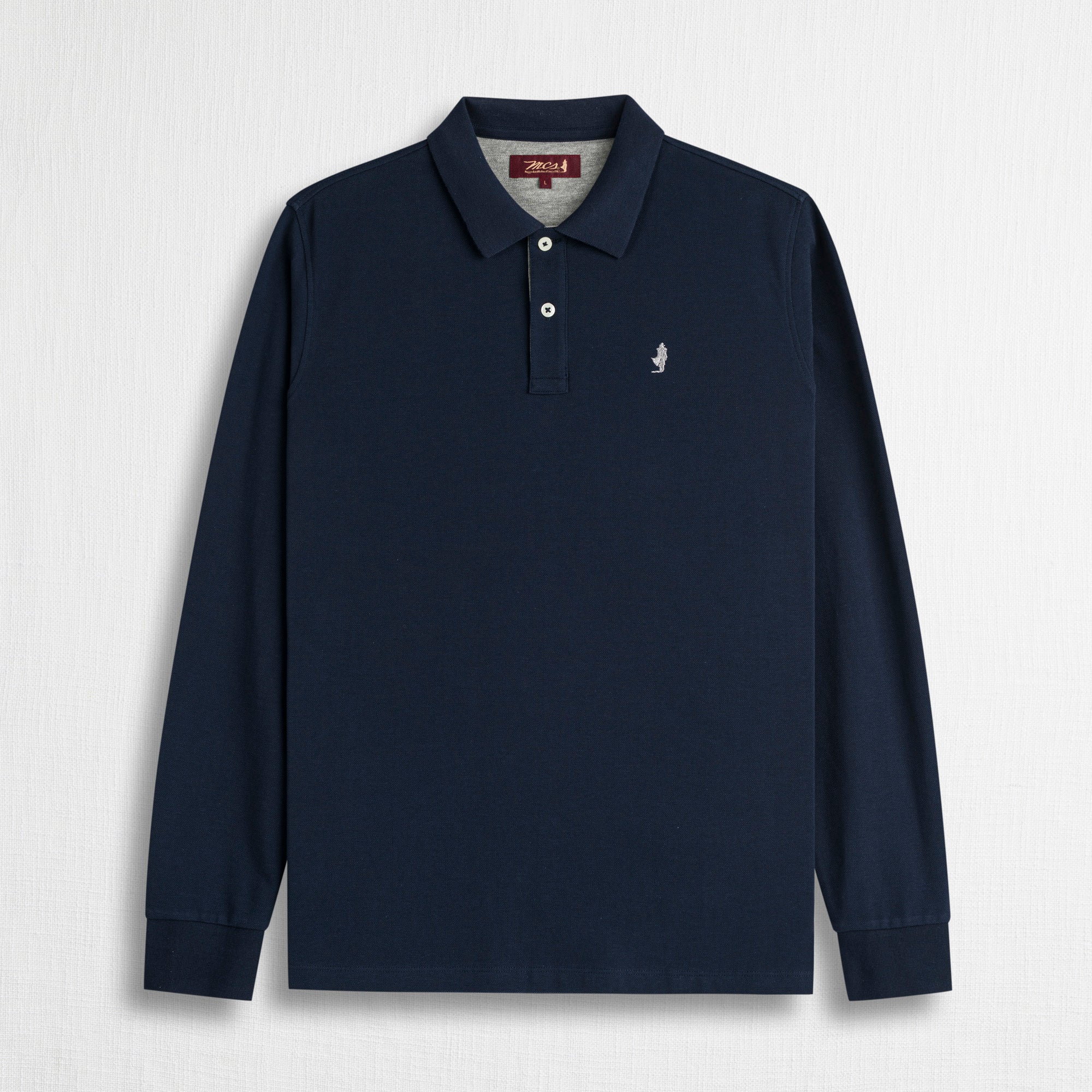 Polo Manica Lunga in Piquet con Dettagli a Contrasto - Blue Navy