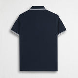 100% Cotton Piqué Polo with Striped Details - Navy Blue