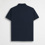 Stretch Cotton Piqué Polo with Jacquard Collar - Navy Blue