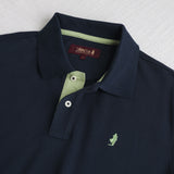 Stretch Cotton Piqué Polo with Jacquard Collar - Navy Blue