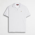 Polo misto cotone e lino jersey con scollo a V - White