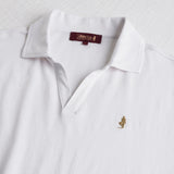 Cotton and Linen Blend Jersey Polo with V-Neck - White