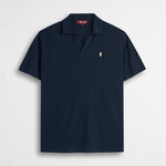 Polo misto cotone e lino jersey con scollo a V - Navy Blue