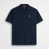 Polo misto cotone e lino jersey con scollo a V - Navy Blue