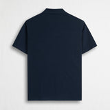 Cotton and Linen Blend Jersey Polo with V-Neck - Navy Blue