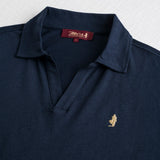 Cotton and Linen Blend Jersey Polo with V-Neck - Navy Blue
