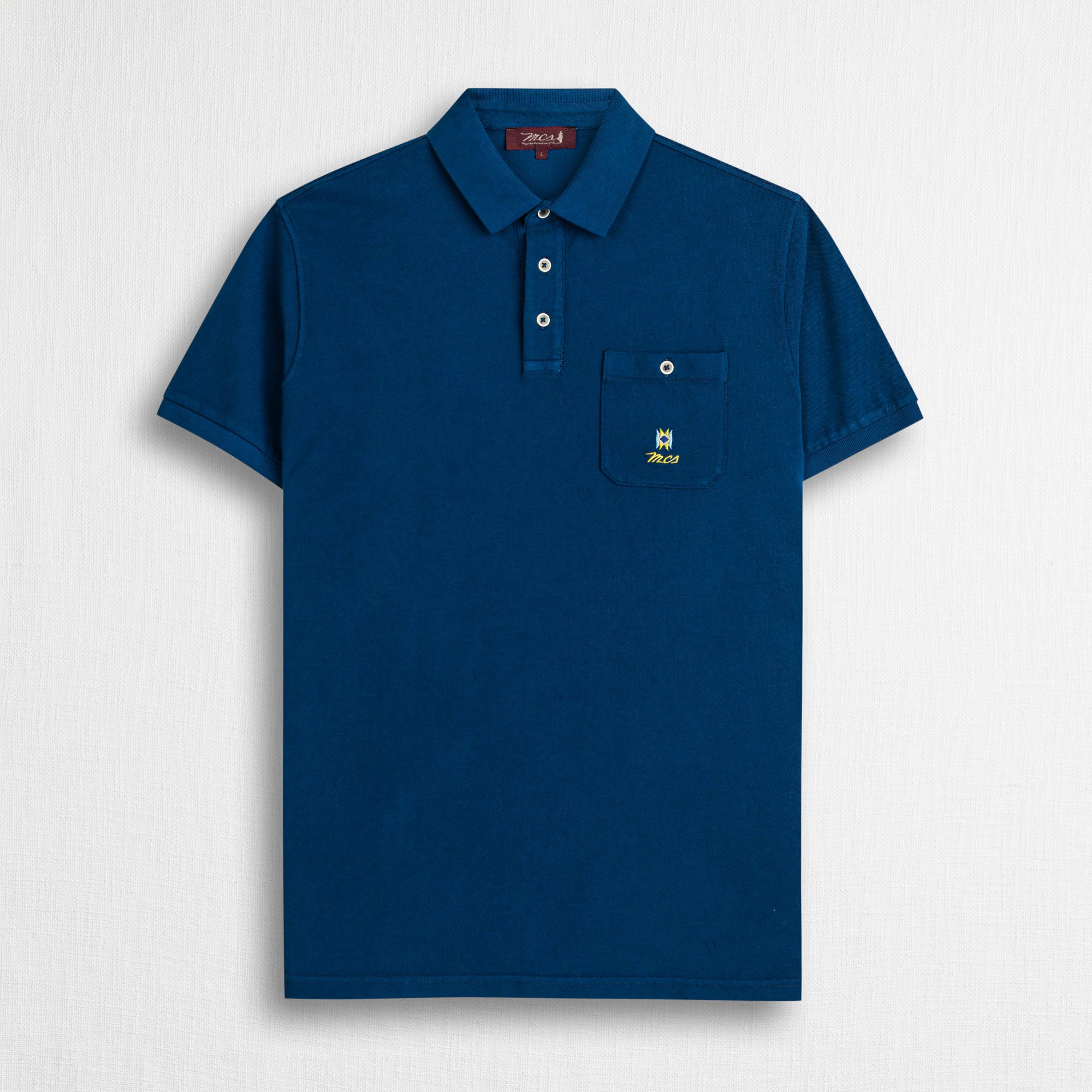 Polo 100% cotone piquet con ricami folk e taschino - Deep Blue
