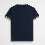 100% Jersey T-Shirt with Striped Ribbing - Navy Blue