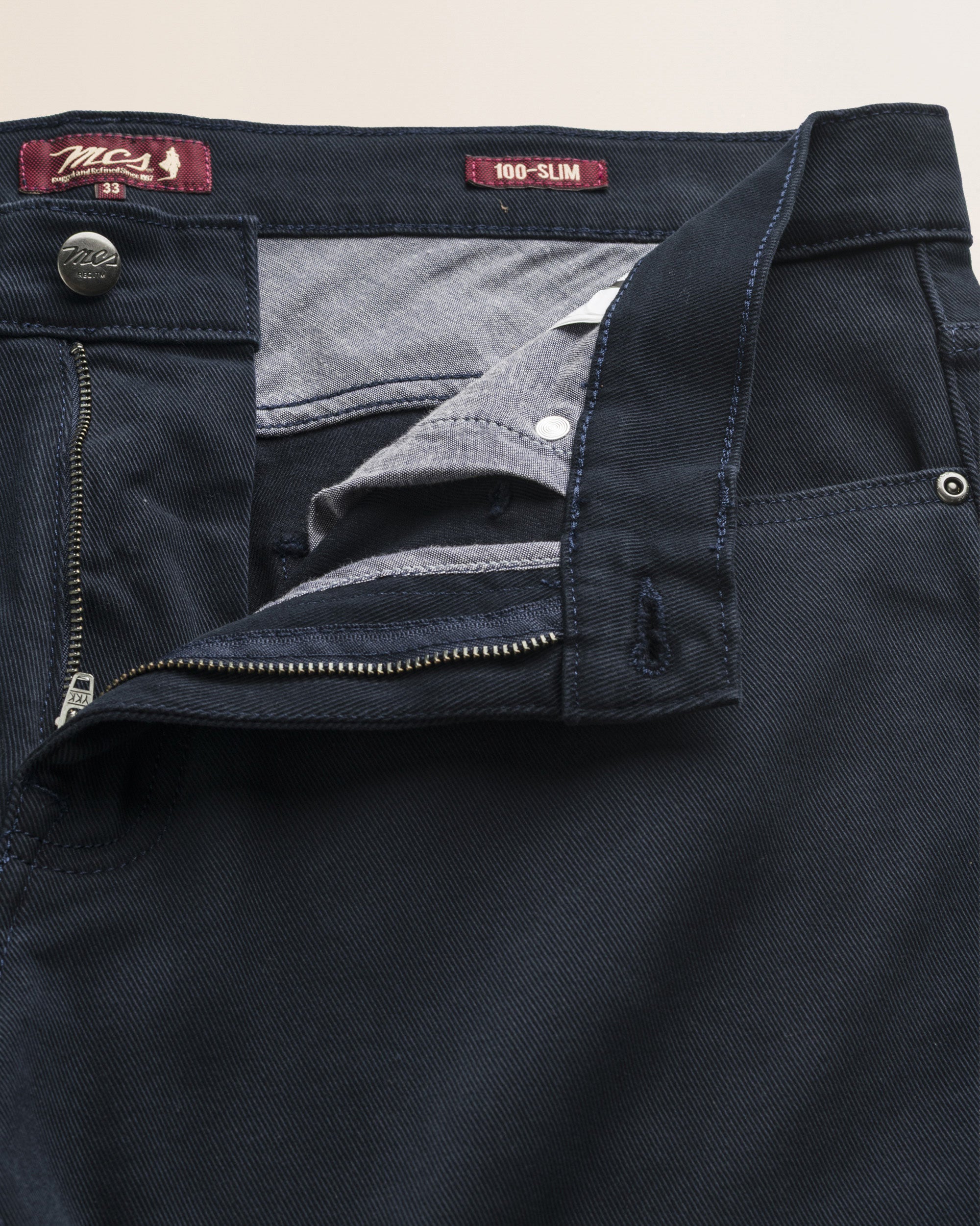 Pantalone 5 Tasche in Drill di Cotone Slim Fit dettaglio apertura - Navy Blue