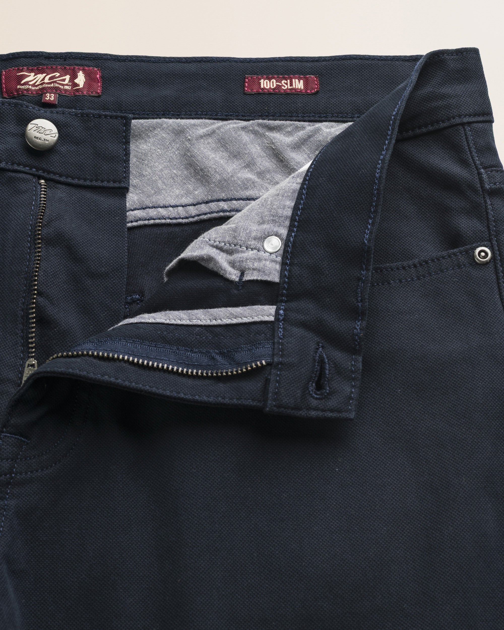 Pantalone 5 Tasche in Cotone Dobby Slim Fit dettaglio apertura - Navy Blue
