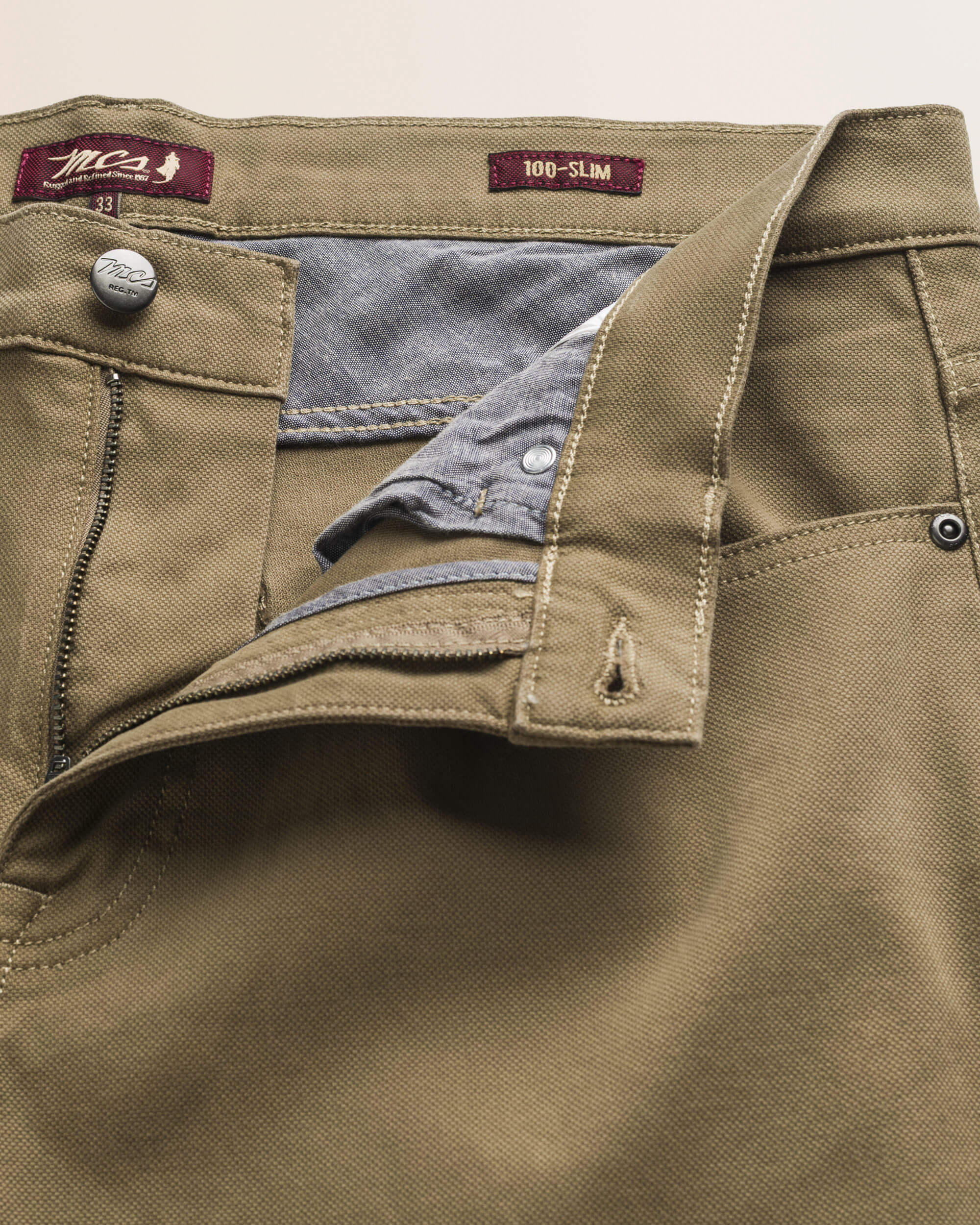 Pantalone 5 Tasche in Cotone Dobby Slim Fit dettaglio apertura - Elmwood Brown