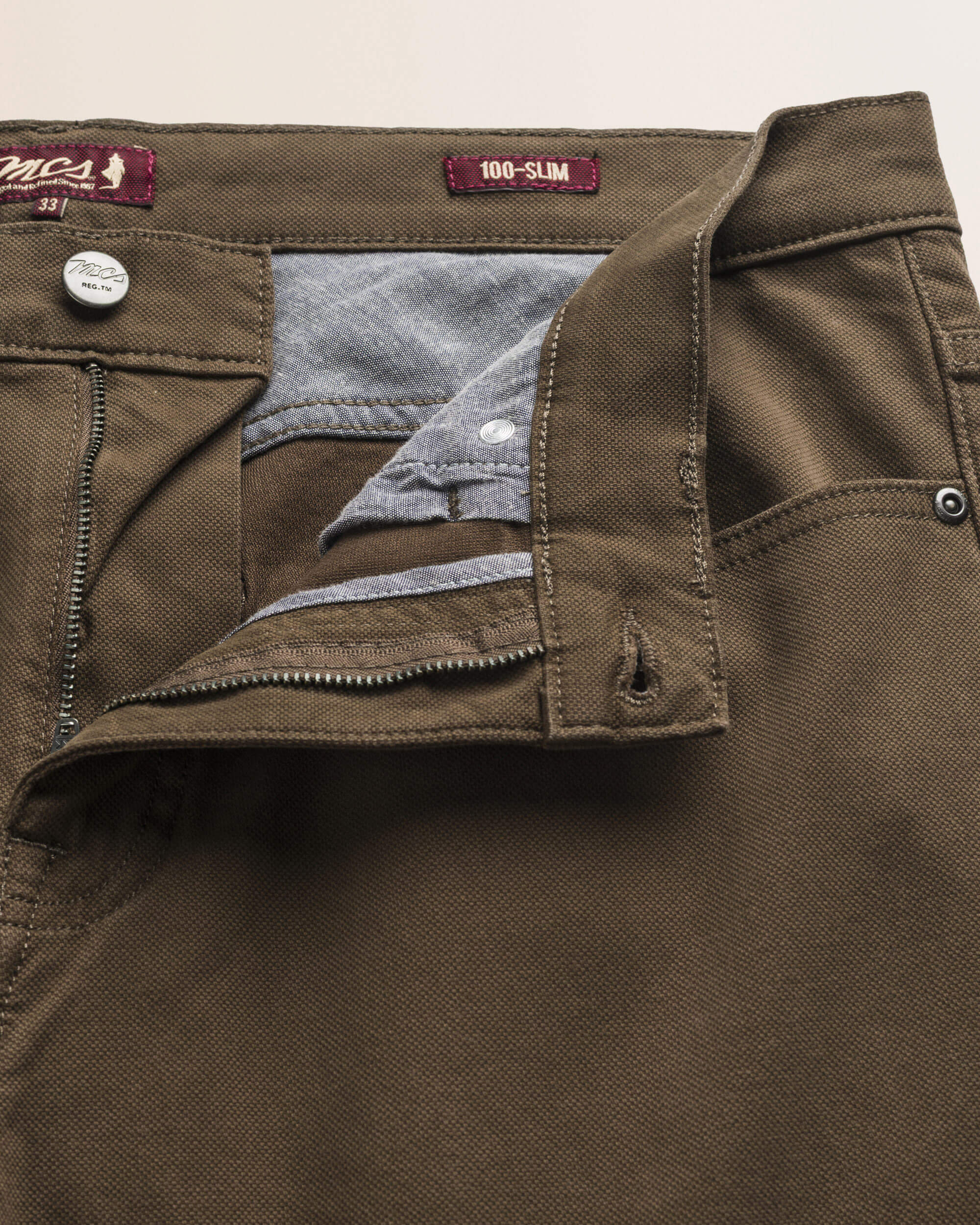 Pantalone 5 Tasche in Cotone Dobby Slim Fit dettaglio apertura - Chocolate