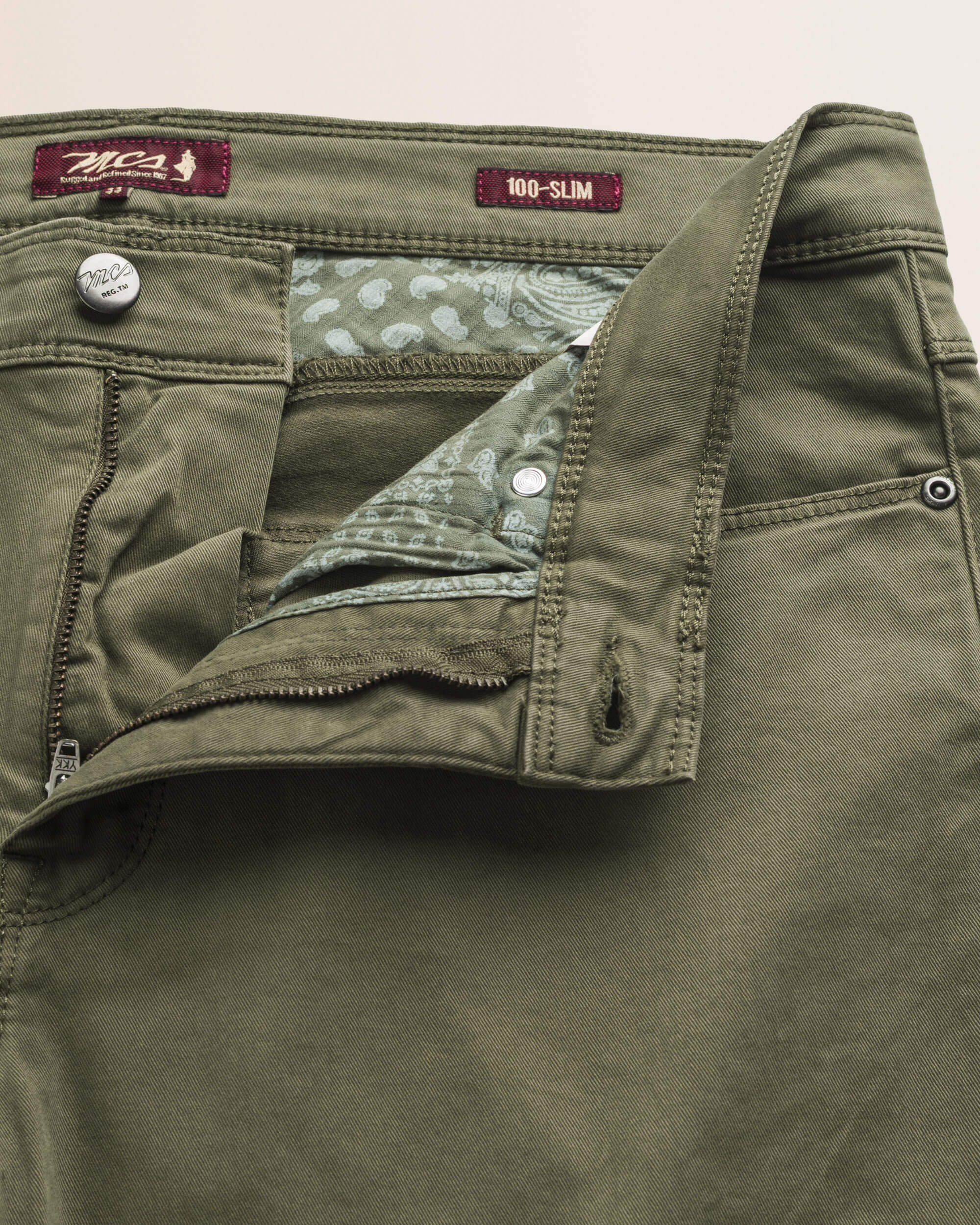 Pantalone 5 Tasche in Gabardina Slim Fit dettaglio apertura - Olive Night