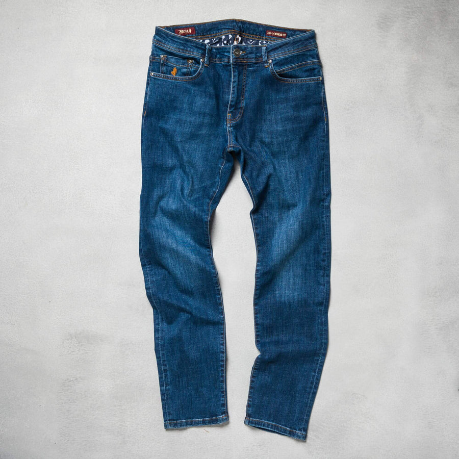 Five-pocket medium dark wash jeans
