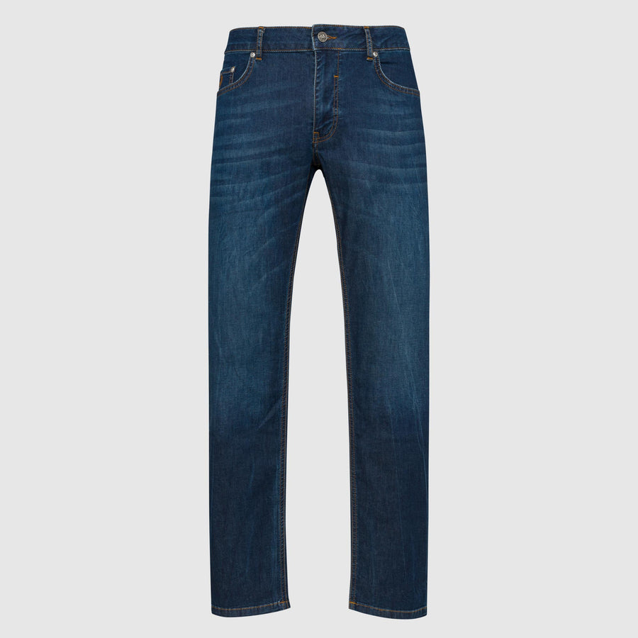 Five-pocket dark blue denim jeans 