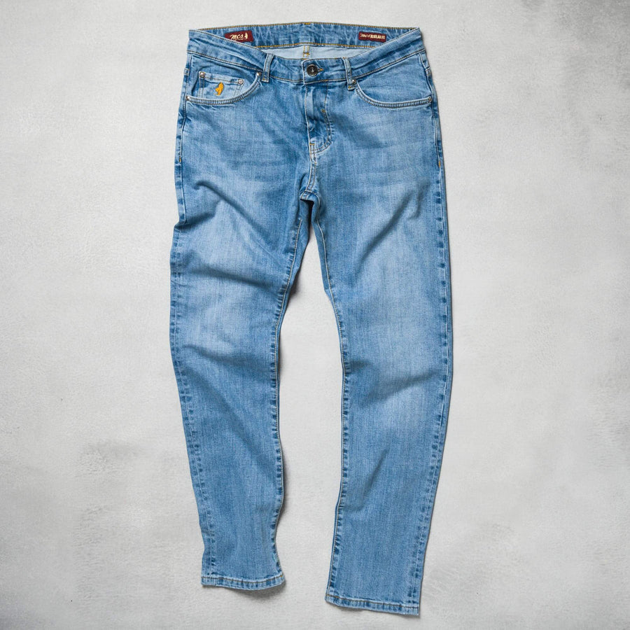 Five-pocket light blue denim jeans