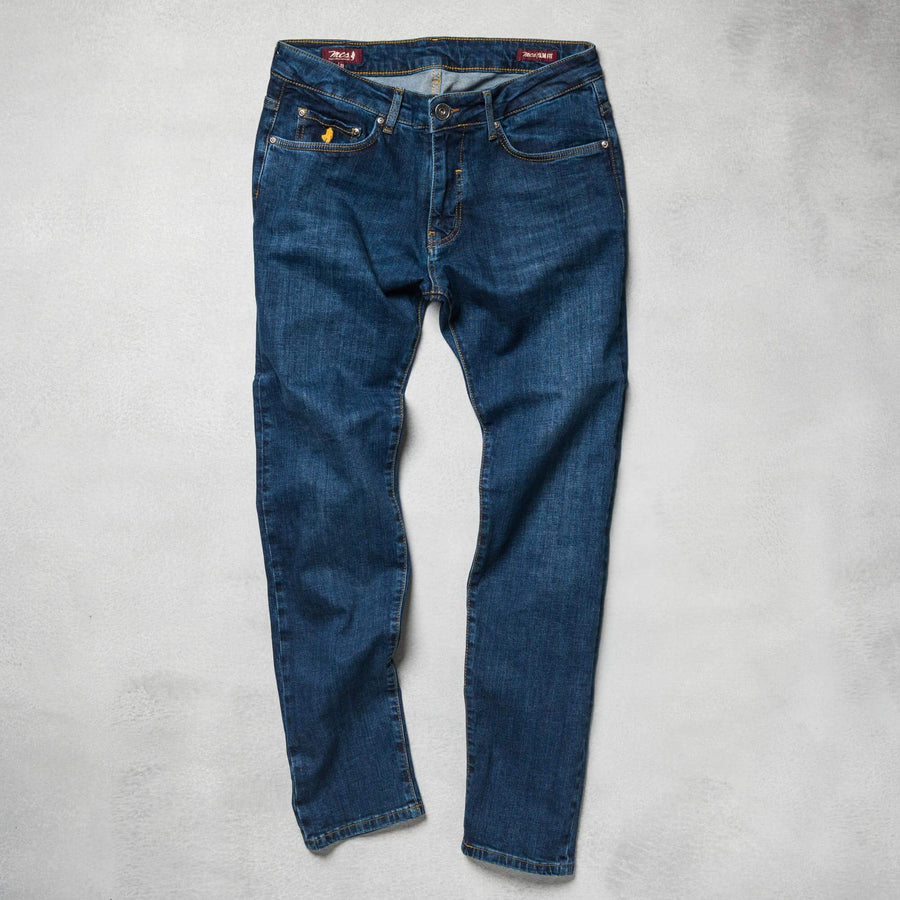 Five-pocket dark denim jeans