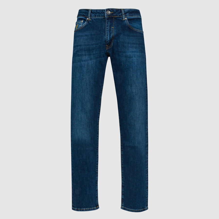 Five-pocket dark denim jeans