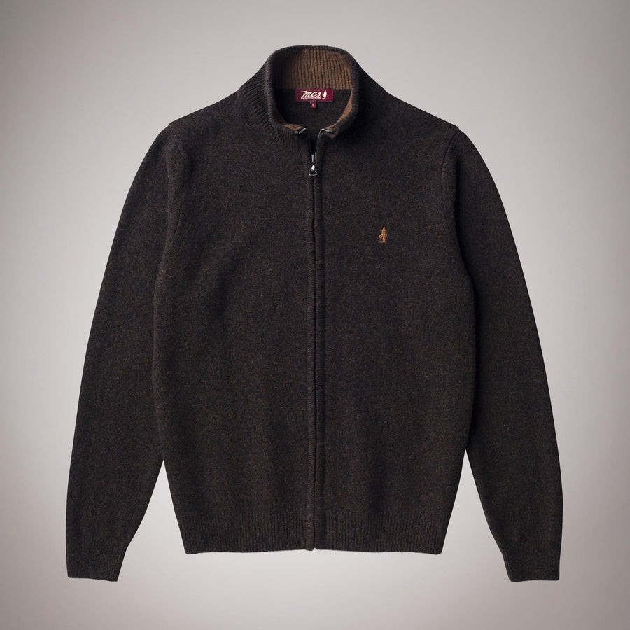 Full-zip polo neck jumper in mouliné lambswool