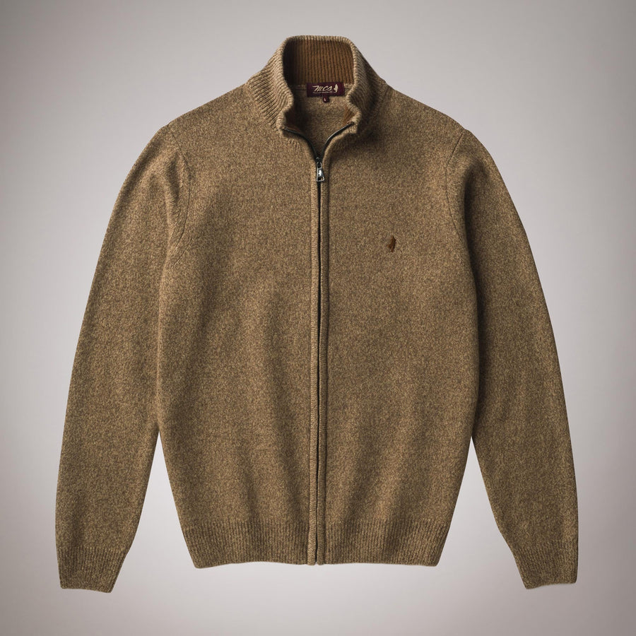 Full-zip polo neck jumper in mouliné lambswool