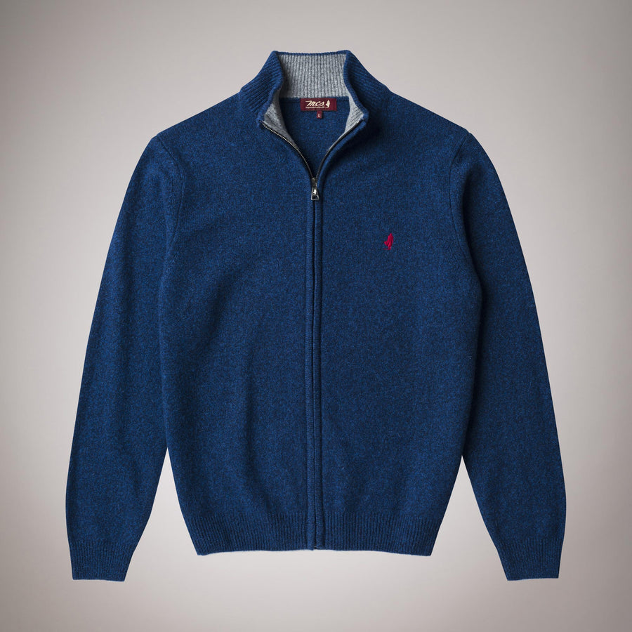 Full-zip polo neck jumper in mouliné lambswool