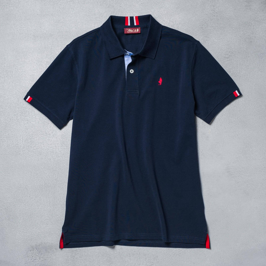 Solid colour polo shirt with stripes on the back of the collar