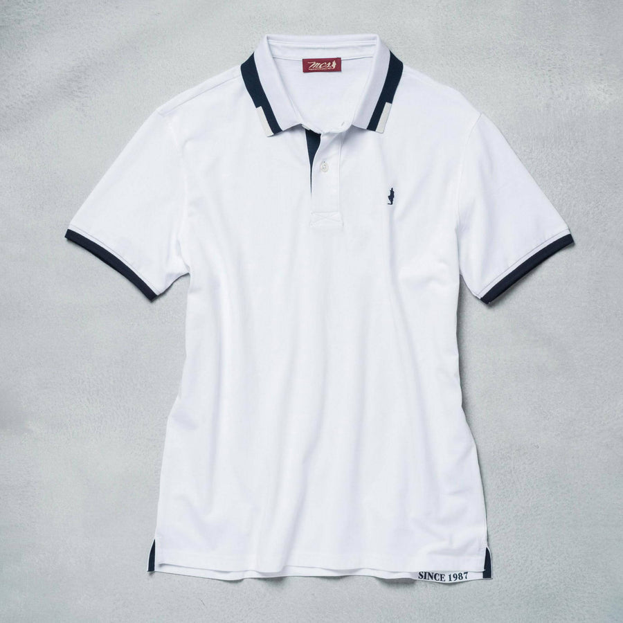 Jersey polo shirt with coloured striped collar