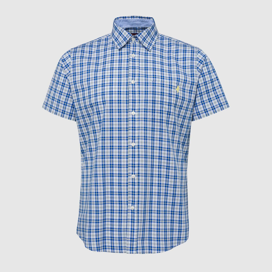 Short-sleeve check shirt on a blue background