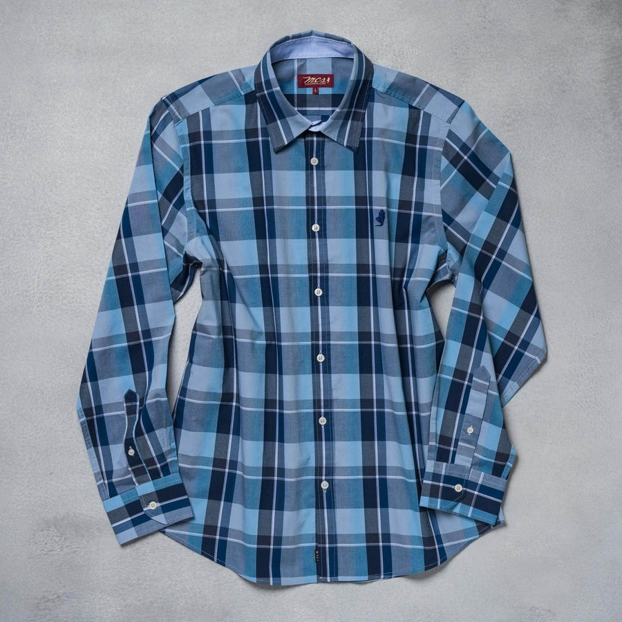 Blue checked and striped yarn-dyed poplin shirt