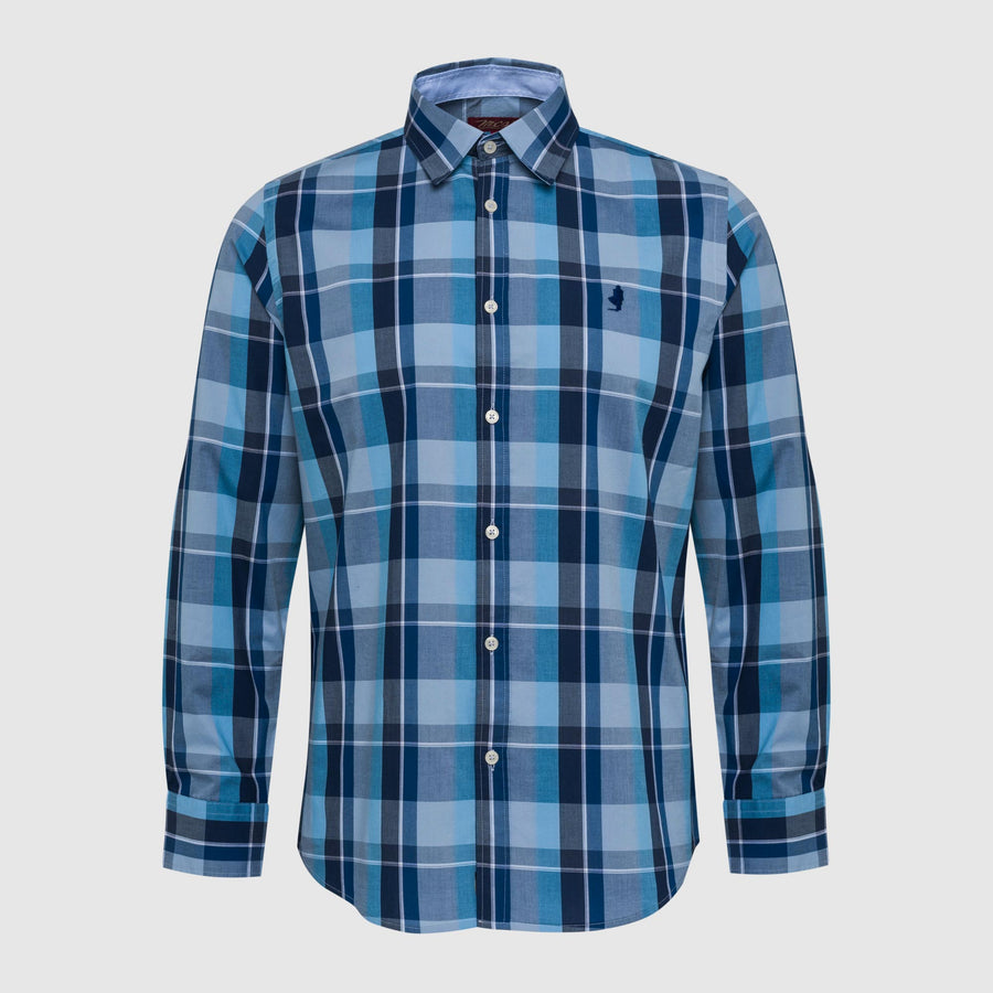 Blue checked and striped yarn-dyed poplin shirt