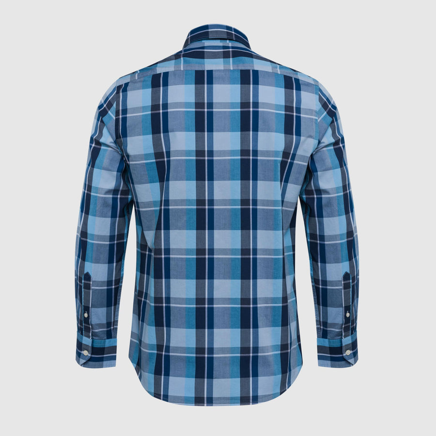 Blue checked and striped yarn-dyed poplin shirt